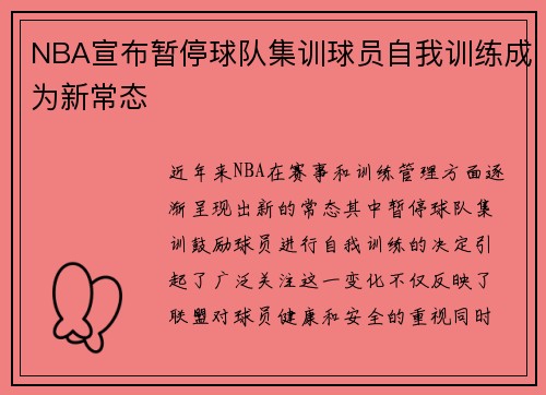 NBA宣布暂停球队集训球员自我训练成为新常态