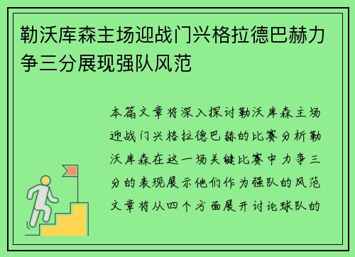 勒沃库森主场迎战门兴格拉德巴赫力争三分展现强队风范