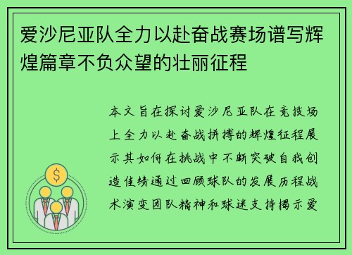 爱沙尼亚队全力以赴奋战赛场谱写辉煌篇章不负众望的壮丽征程