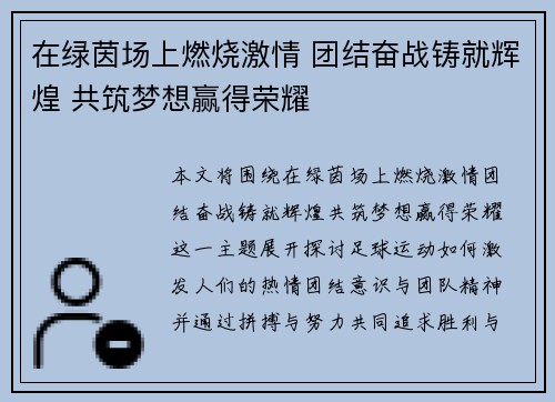 在绿茵场上燃烧激情 团结奋战铸就辉煌 共筑梦想赢得荣耀