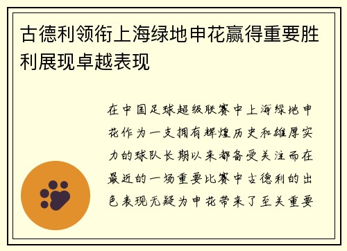 古德利领衔上海绿地申花赢得重要胜利展现卓越表现