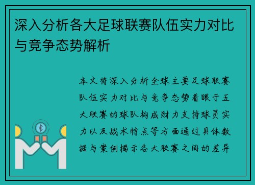 深入分析各大足球联赛队伍实力对比与竞争态势解析