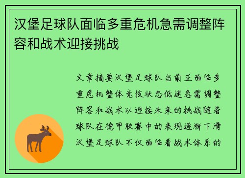 汉堡足球队面临多重危机急需调整阵容和战术迎接挑战