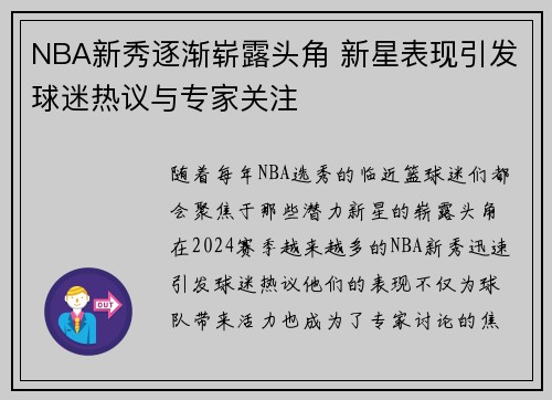 NBA新秀逐渐崭露头角 新星表现引发球迷热议与专家关注