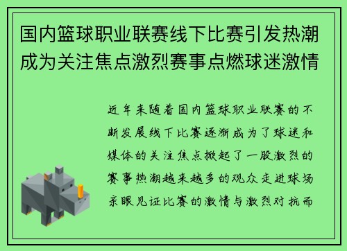 国内篮球职业联赛线下比赛引发热潮成为关注焦点激烈赛事点燃球迷激情