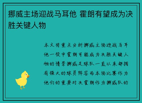 挪威主场迎战马耳他 霍朗有望成为决胜关键人物