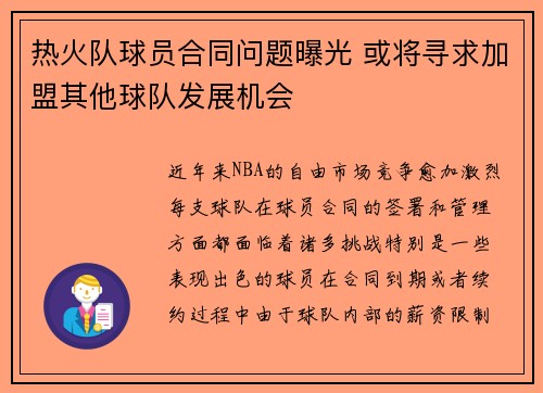 热火队球员合同问题曝光 或将寻求加盟其他球队发展机会