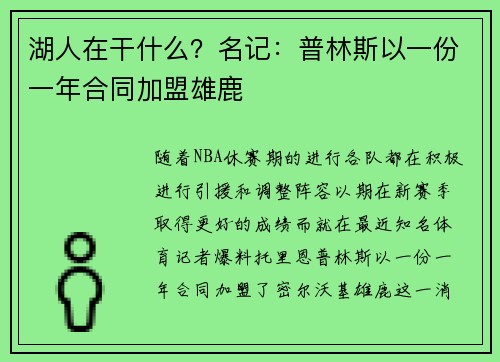 湖人在干什么？名记：普林斯以一份一年合同加盟雄鹿